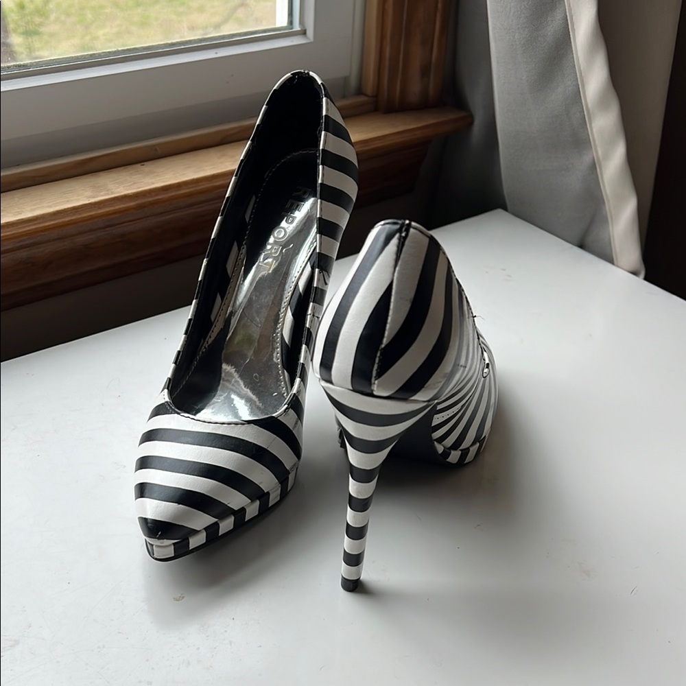 Black and White Striped Women's Heels